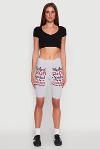 Womens Blessed By God Graphic Biker Shorts, Grey, Size L