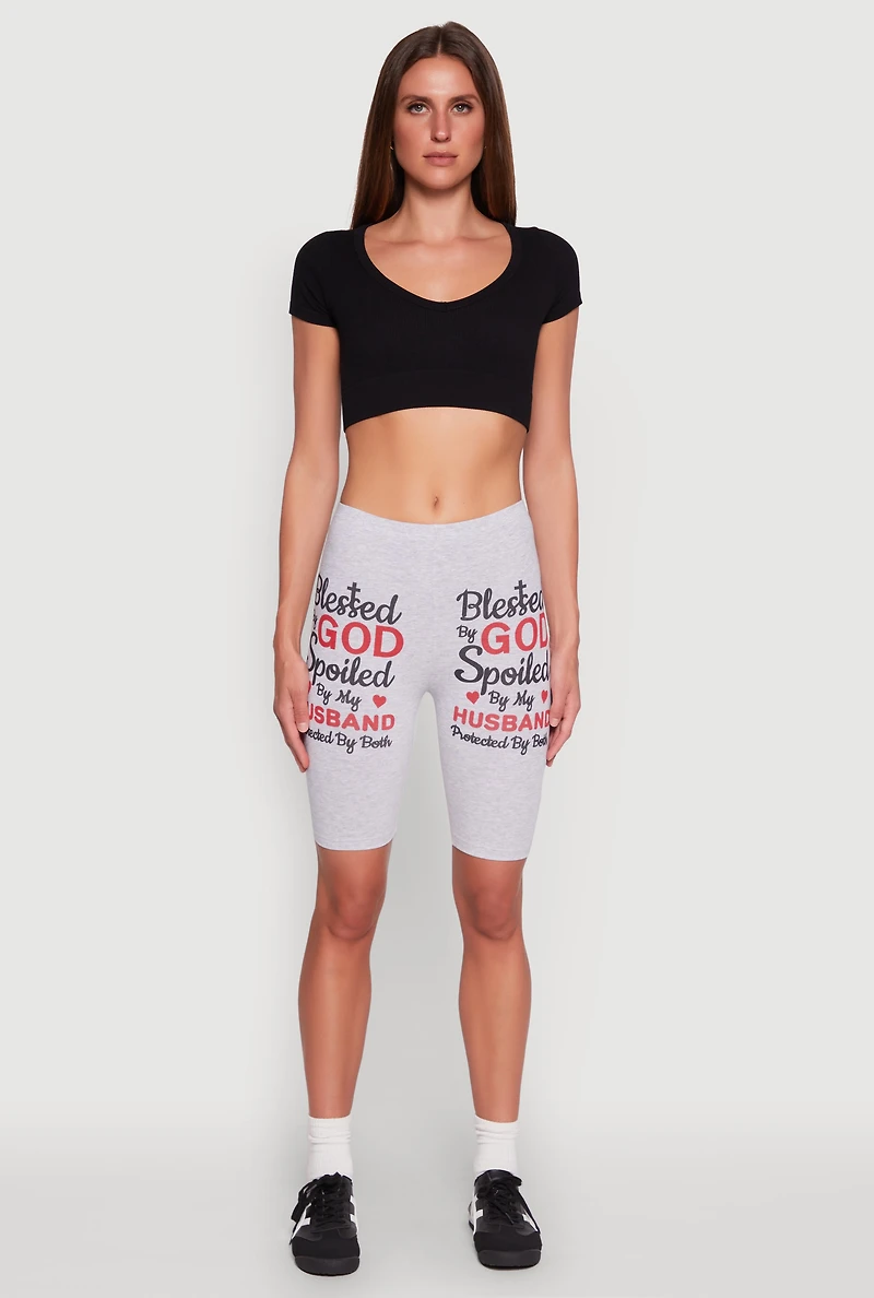 Womens Blessed By God Graphic Biker Shorts, Grey, Size XL