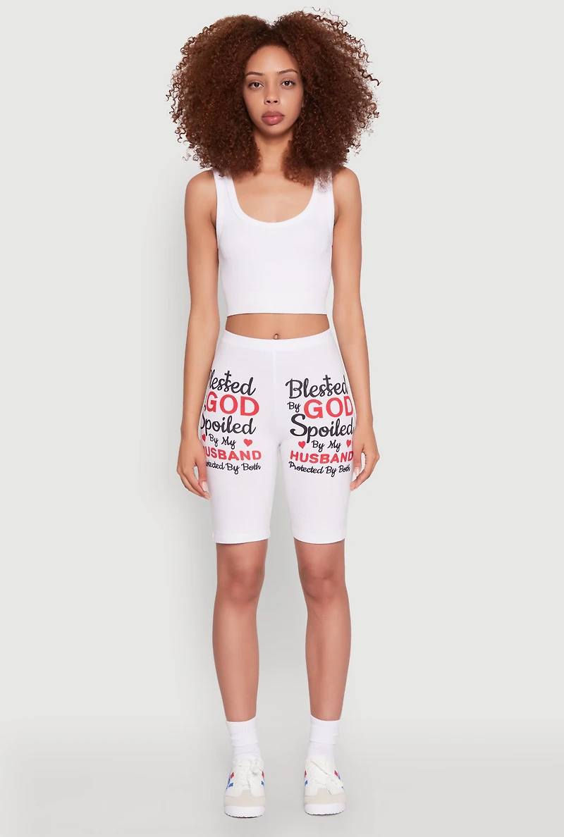 Womens Blessed By God Graphic Biker Shorts, White, Size XL