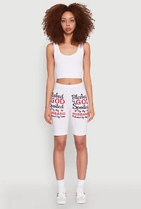 Womens Blessed By God Graphic Biker Shorts, White, Size XL