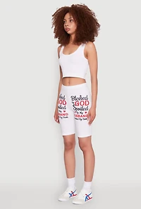 Womens Blessed By God Graphic Biker Shorts, White, Size XL