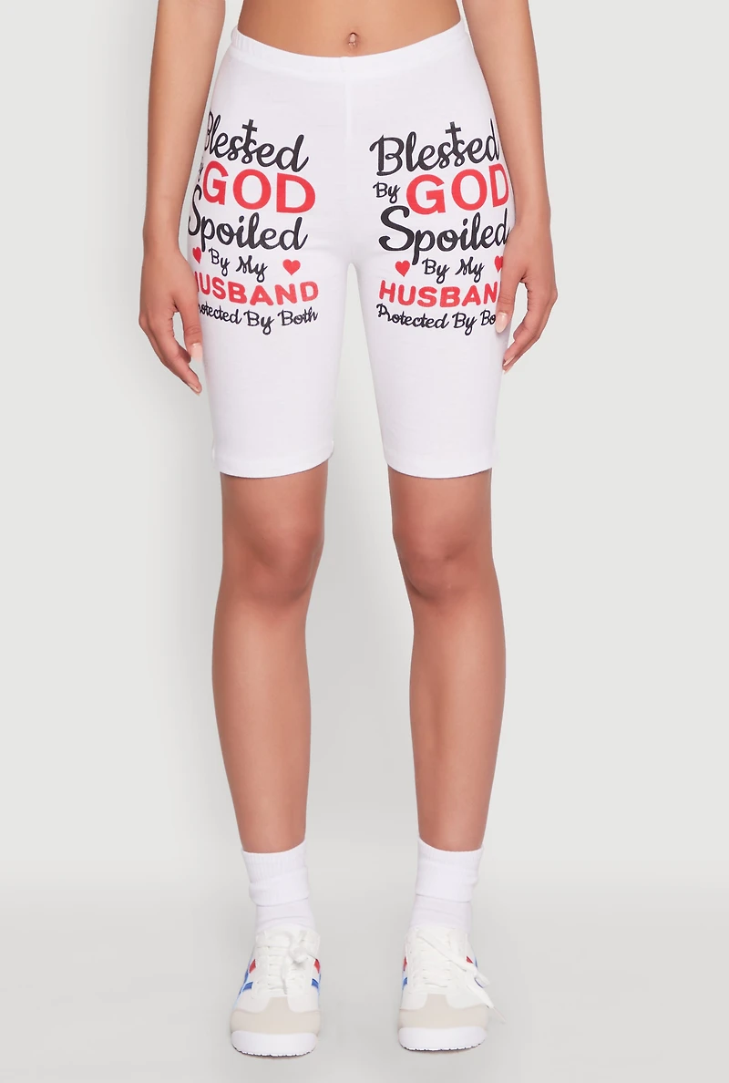 Womens Blessed By God Graphic Biker Shorts, White, Size XL