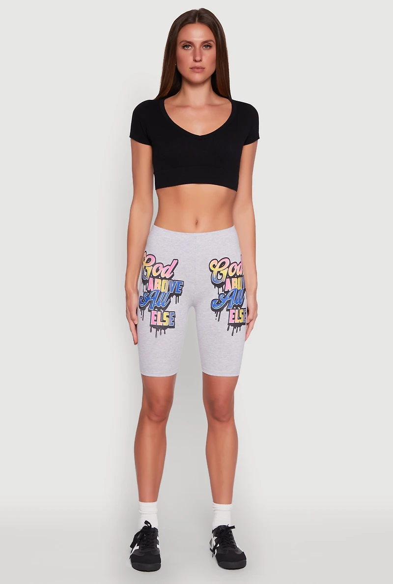 Womens God Above All Else Graphic Biker Shorts, Grey, Size S