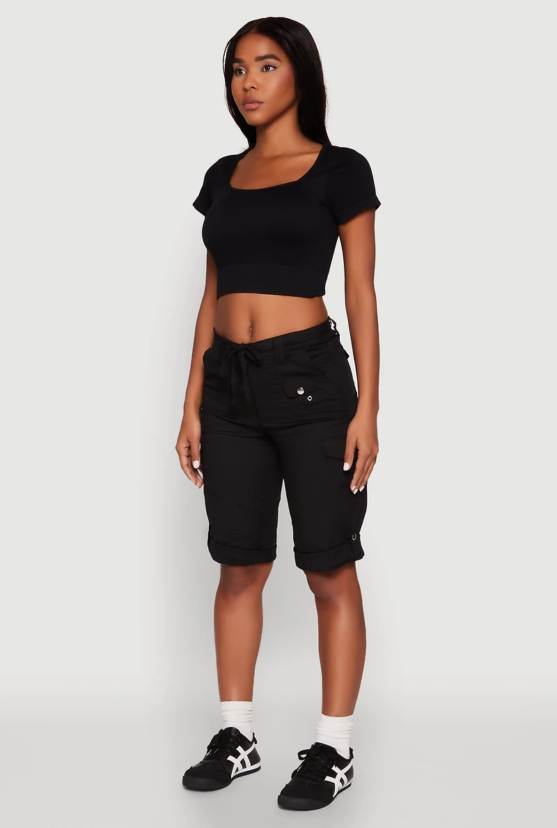 Faux Drawstring Waist Cargo Bermuda Shorts