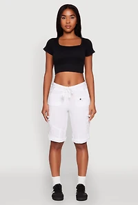 Womens Faux Drawstring Waist Cargo Bermuda Shorts, White, Size M