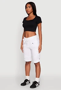 Womens Faux Drawstring Waist Cargo Bermuda Shorts, White, Size M