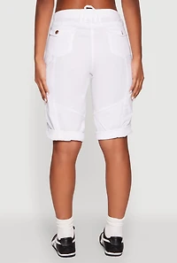 Womens Faux Drawstring Waist Cargo Bermuda Shorts, White, Size M