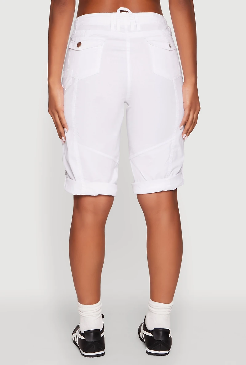 Womens Faux Drawstring Waist Cargo Bermuda Shorts, White, Size M