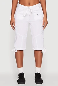 Womens Faux Drawstring Waist Cargo Bermuda Shorts, White, Size M