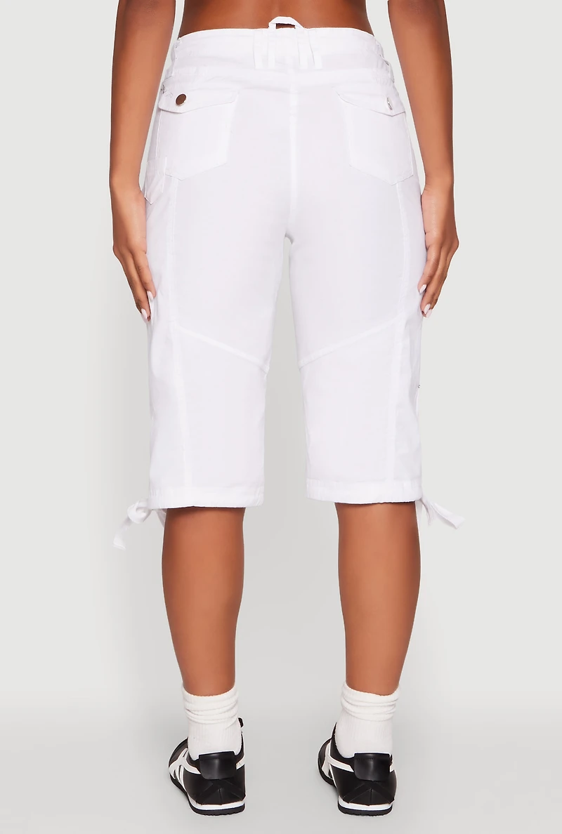 Womens Faux Drawstring Waist Cargo Bermuda Shorts, White, Size M