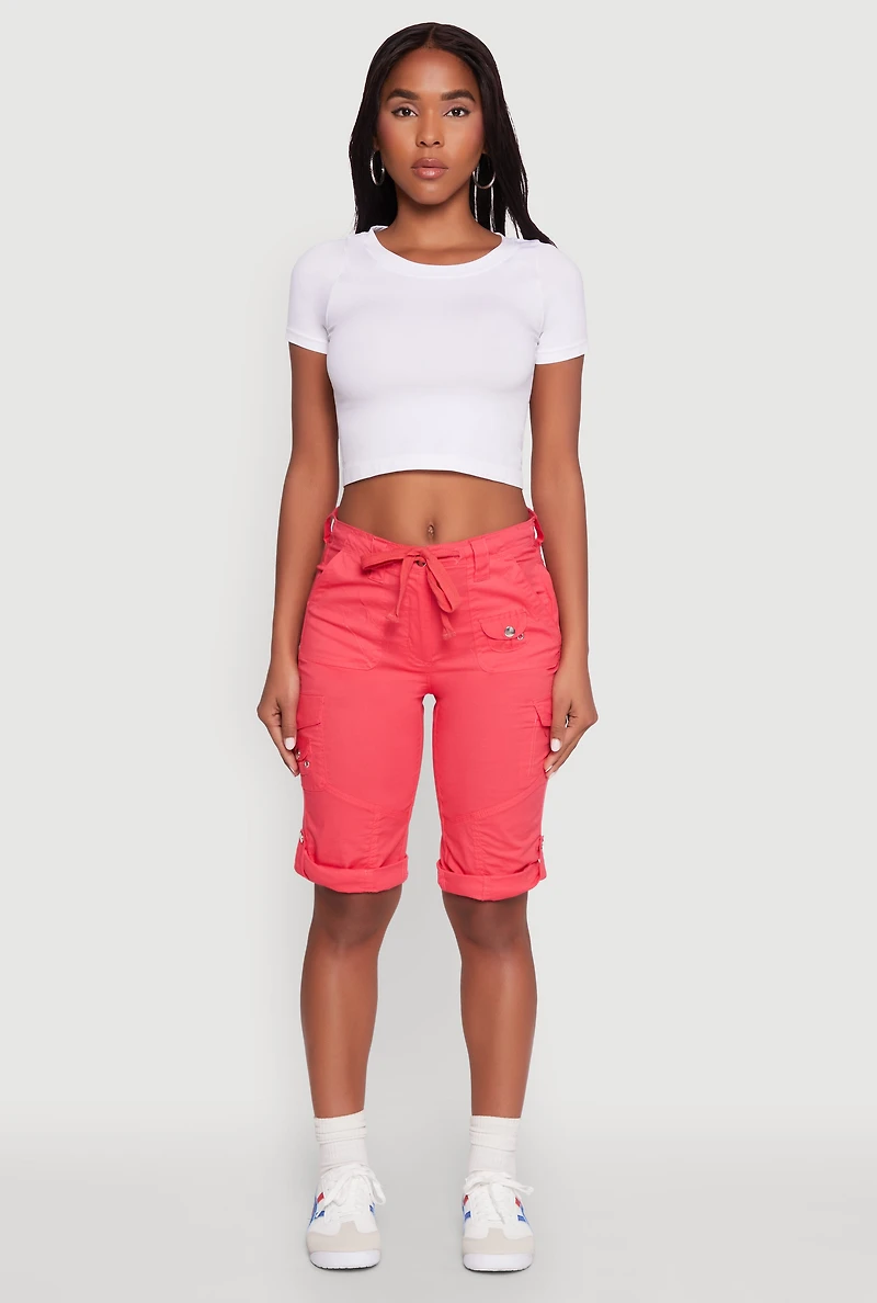 Womens Faux Drawstring Waist Cargo Bermuda Shorts, Red, Size M