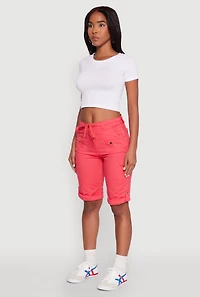 Womens Faux Drawstring Waist Cargo Bermuda Shorts, Red, Size M