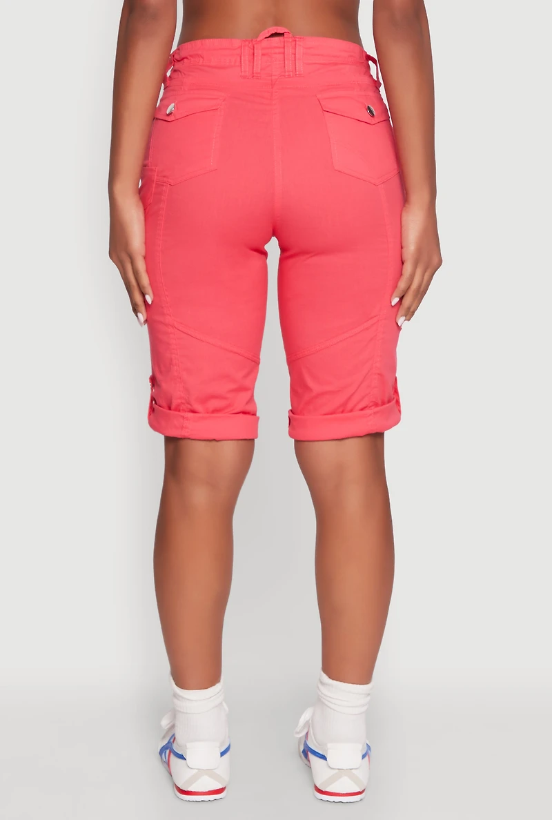 Womens Faux Drawstring Waist Cargo Bermuda Shorts, Red, Size M