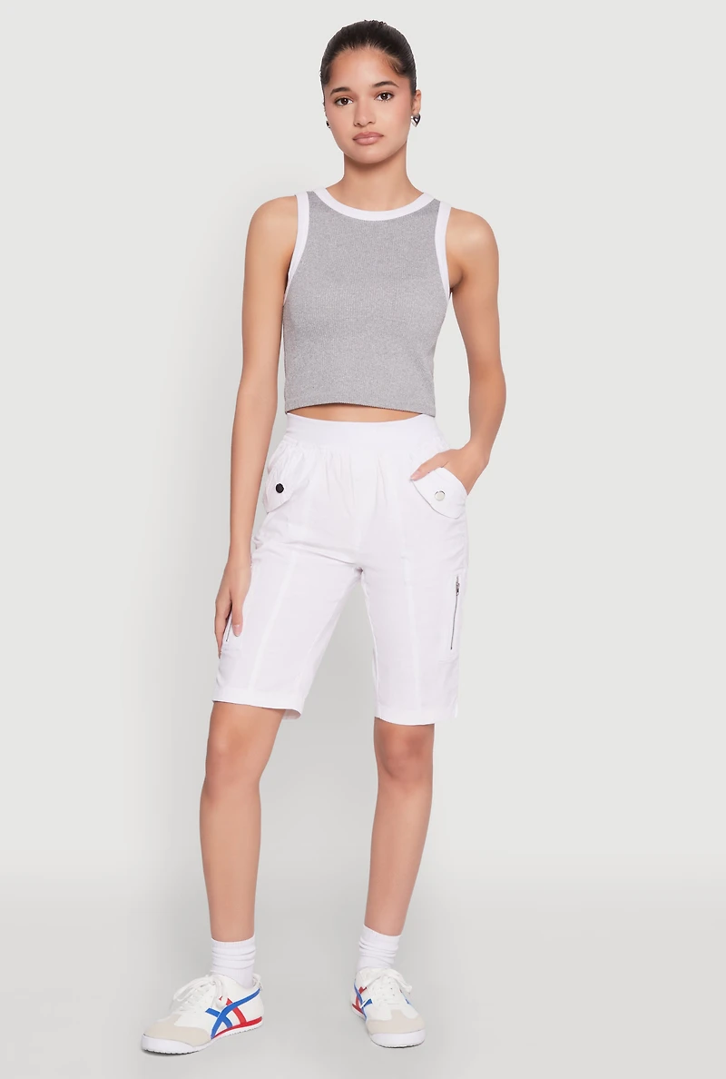 Womens Side Zip Cargo Pocket Bermuda Shorts, White, Size S