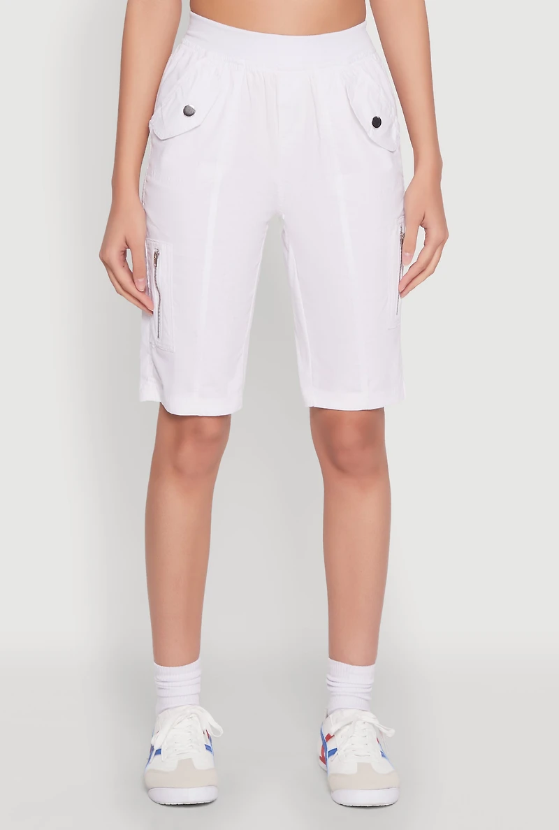 Womens Side Zip Cargo Pocket Bermuda Shorts, White, Size S