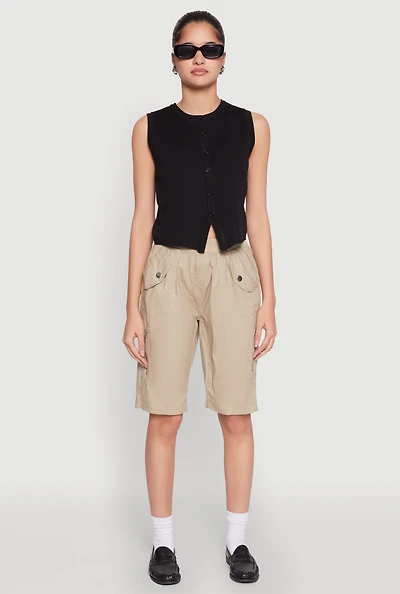 Womens Side Zip Cargo Pocket Bermuda Shorts, Khaki, Size S