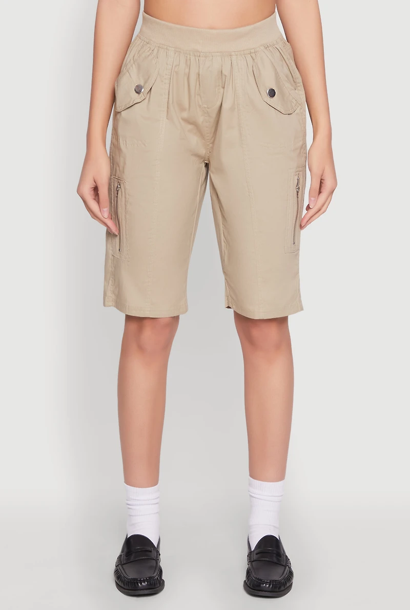 Womens Side Zip Cargo Pocket Bermuda Shorts, Khaki, Size L