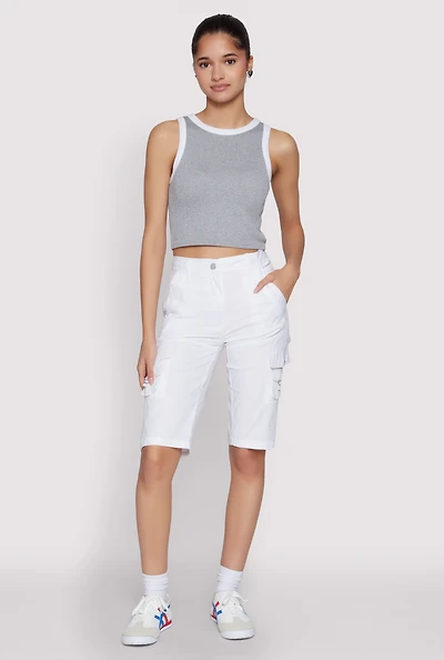 Womens High Waisted Cargo Pocket Bermuda Shorts, White, Size M