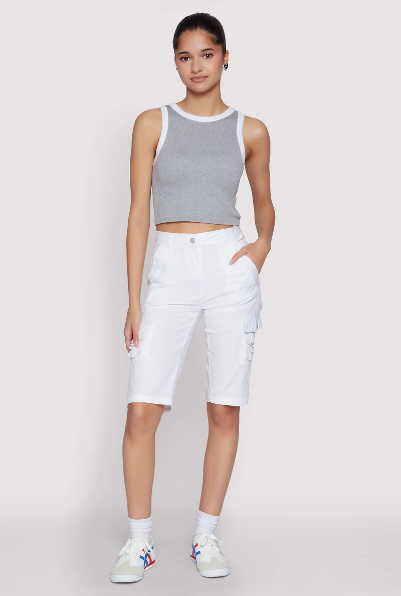 Womens High Waisted Cargo Pocket Bermuda Shorts, White, Size S
