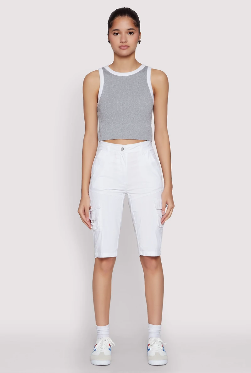 Womens High Waisted Cargo Pocket Bermuda Shorts, White, Size M