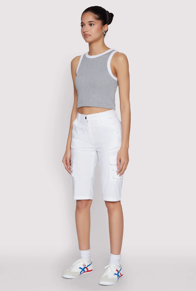 Womens High Waisted Cargo Pocket Bermuda Shorts, White, Size M