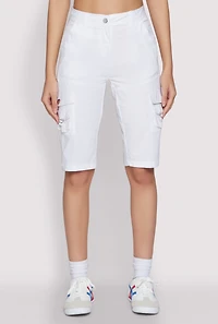Womens High Waisted Cargo Pocket Bermuda Shorts, White, Size M