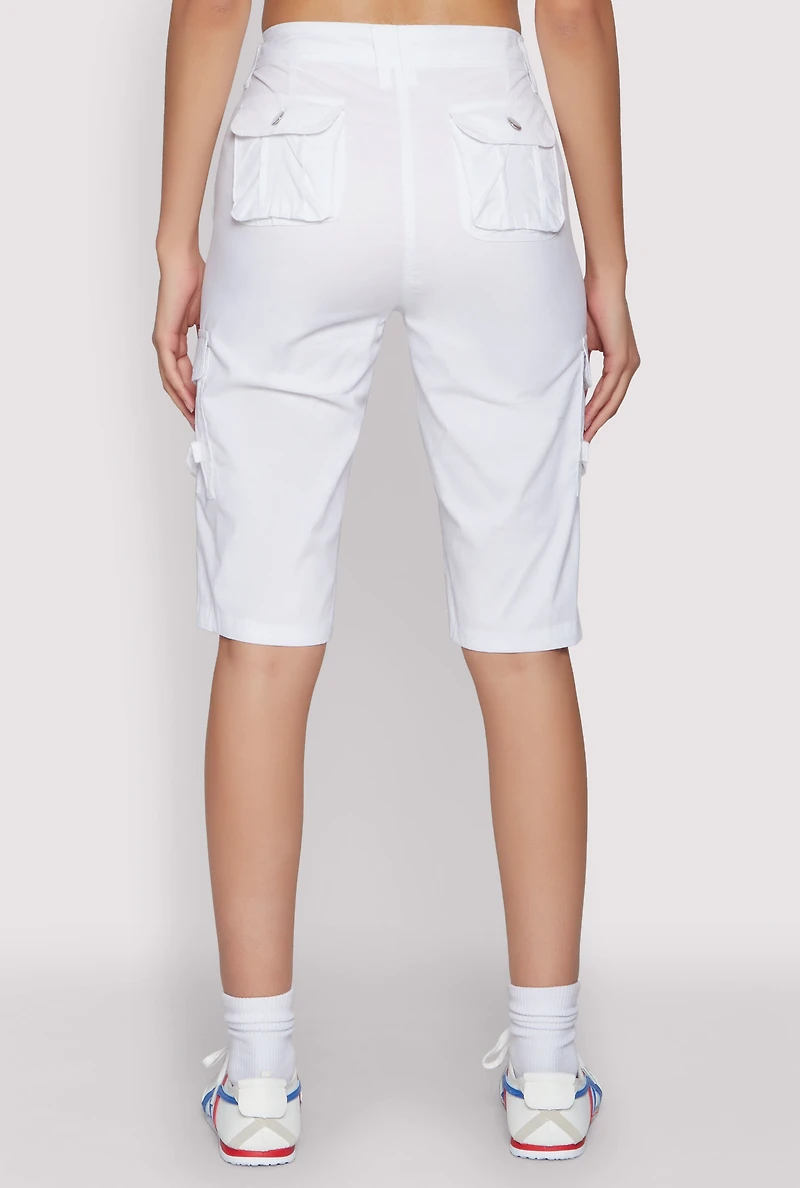 Womens High Waisted Cargo Pocket Bermuda Shorts, White, Size M
