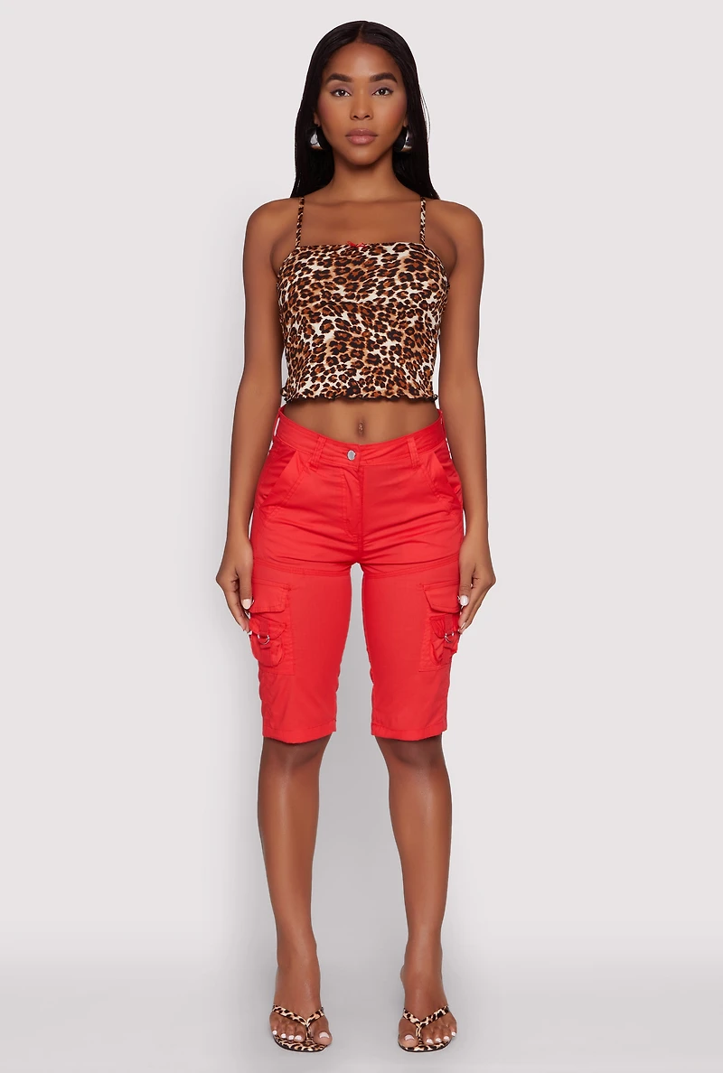 Womens High Waisted Cargo Pocket Bermuda Shorts, Red, Size S