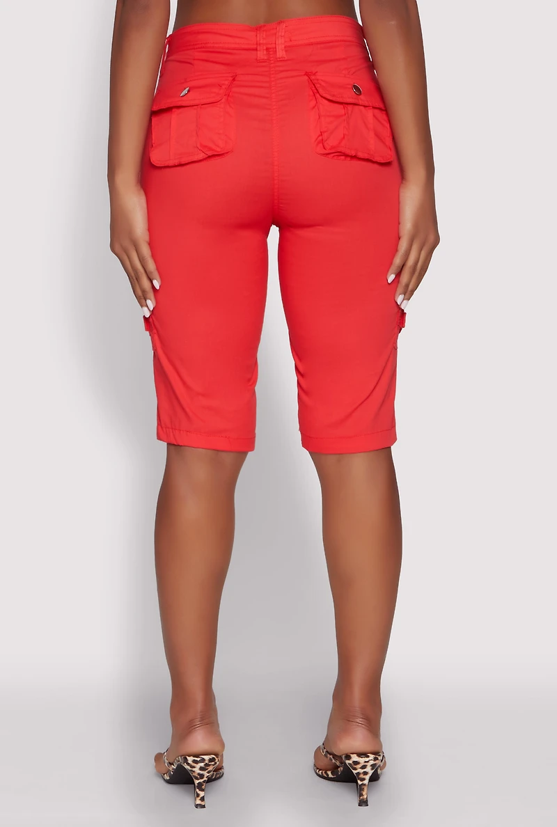 Womens High Waisted Cargo Pocket Bermuda Shorts, Red, Size S