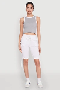 Womens Drawstring Hem Cargo Pocket Bermuda Shorts, White, Size M