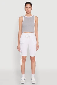 Womens Drawstring Hem Cargo Pocket Bermuda Shorts, White, Size M