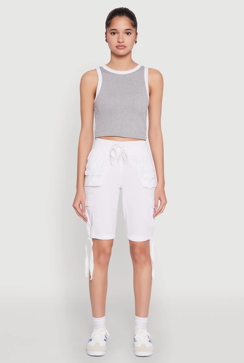 Womens Drawstring Hem Cargo Pocket Bermuda Shorts, White, Size XL
