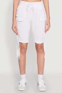 Womens Drawstring Hem Cargo Pocket Bermuda Shorts, White, Size M