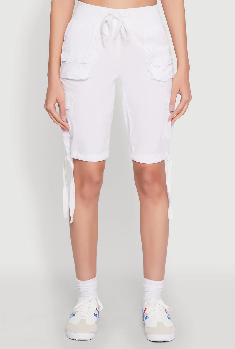 Womens Drawstring Hem Cargo Pocket Bermuda Shorts, White, Size XL