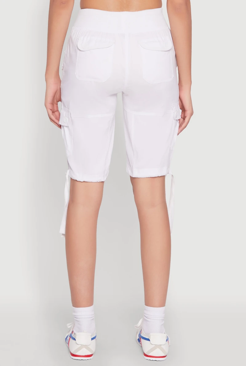 Womens Drawstring Hem Cargo Pocket Bermuda Shorts, White, Size XL