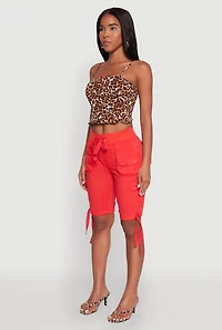 Womens Drawstring Hem Cargo Pocket Bermuda Shorts, Red, Size S