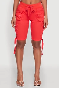 Womens Drawstring Hem Cargo Pocket Bermuda Shorts, Red, Size S