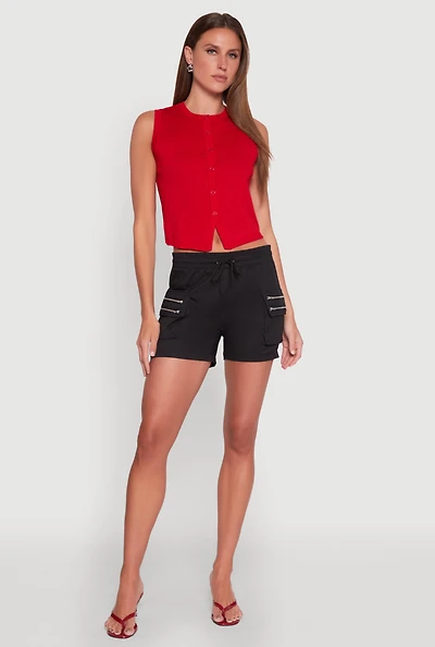 Womens Zipper Cargo Pocket Shorts, Black, Size XL