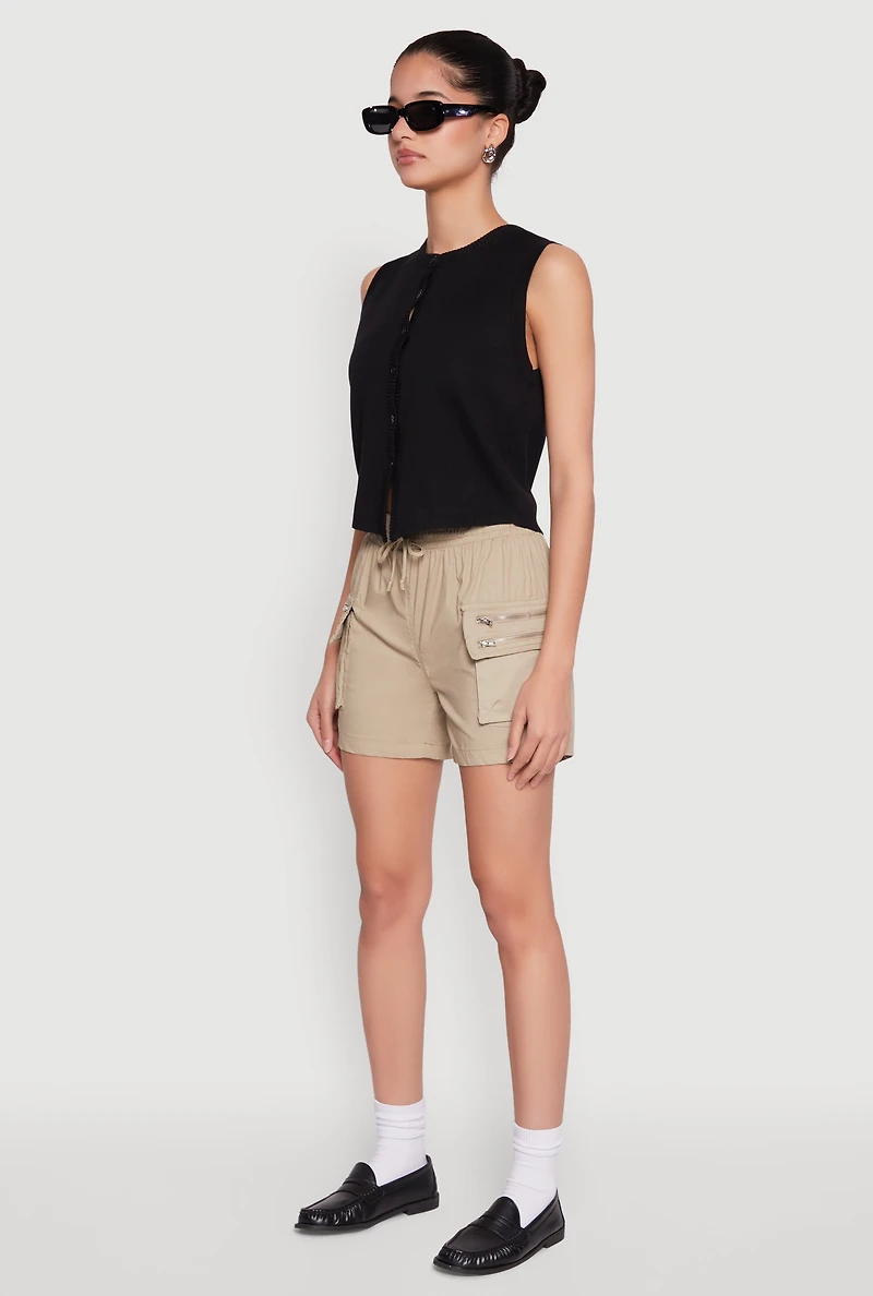 Womens Zipper Cargo Pocket Shorts, Khaki,
