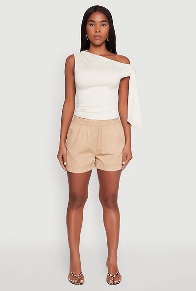 Womens Smocked Waist Shorts, Khaki, Size M