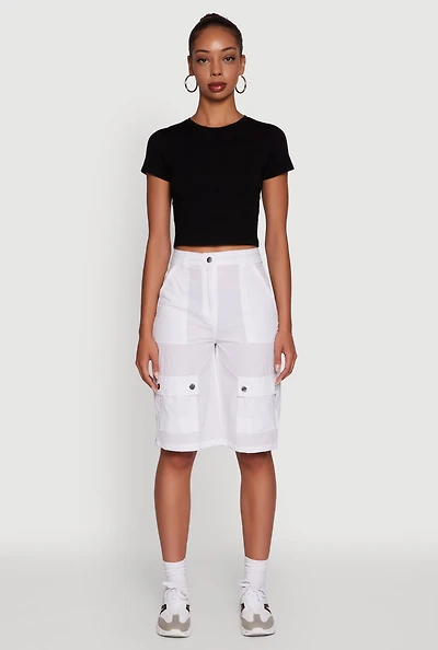 Womens Trendy High Waisted Nylon Cargo Shorts, White,