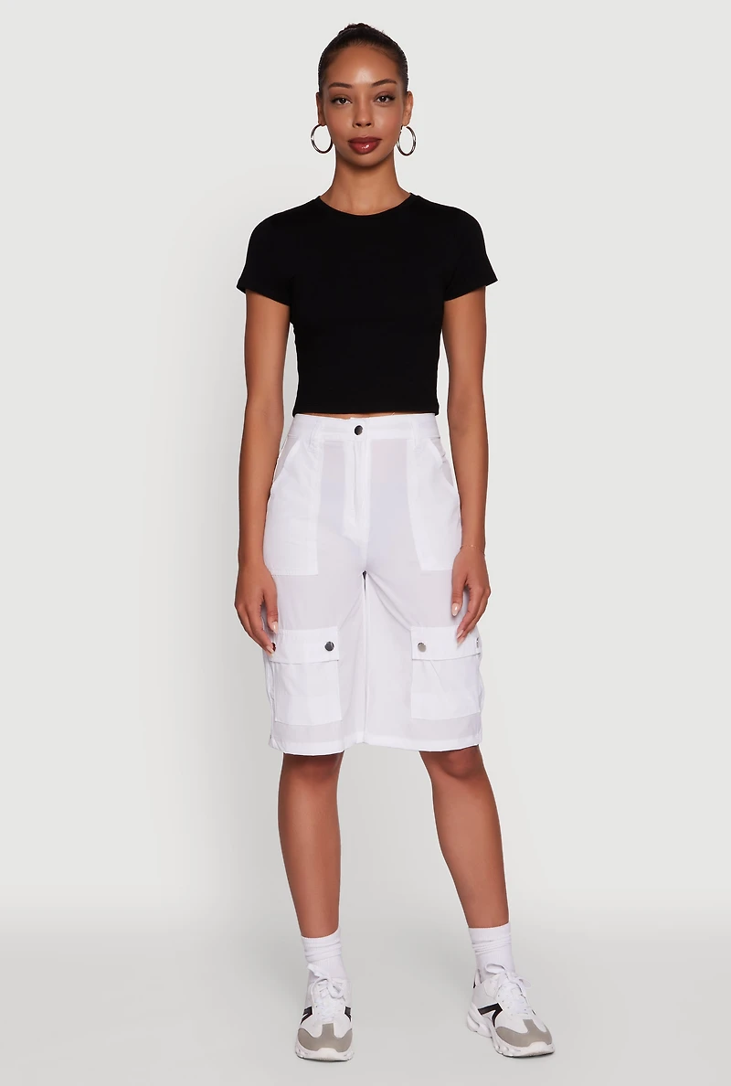 Womens Trendy High Waisted Nylon Cargo Shorts, White,