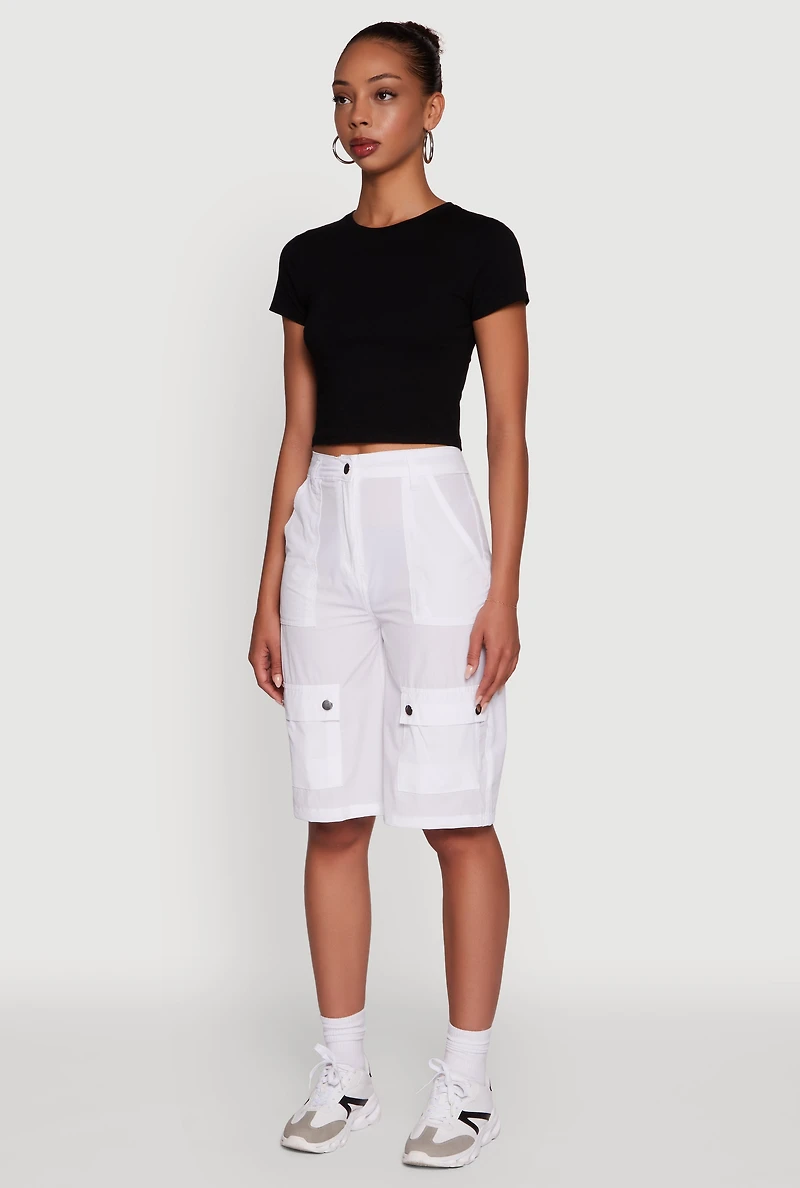 Womens Trendy High Waisted Nylon Cargo Shorts, White,