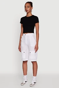 Womens Trendy High Waisted Nylon Cargo Shorts, White,
