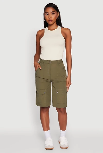 Womens Trendy High Waisted Nylon Cargo Shorts, Green,