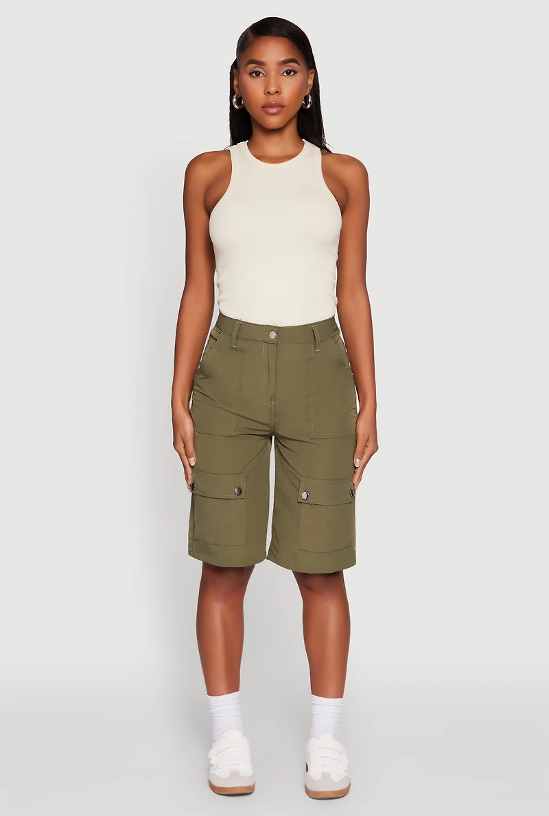 Womens Trendy High Waisted Nylon Cargo Shorts, Green,