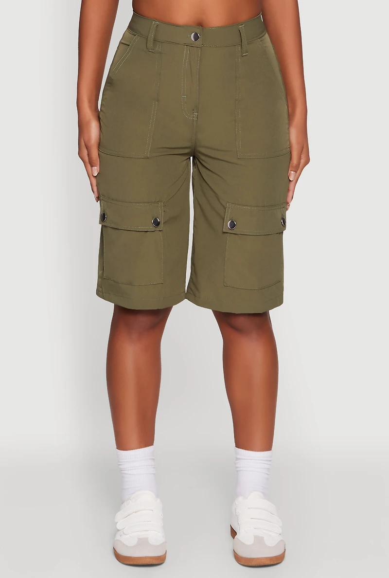 Womens Trendy High Waisted Nylon Cargo Shorts, Green,