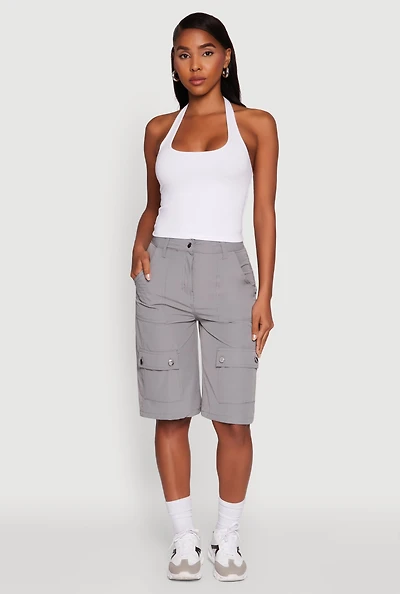 Womens Trendy High Waisted Nylon Cargo Shorts, Grey, Size M