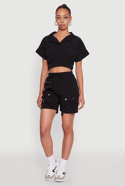 Womens Trendy Nylon Drawstring Waist Utility Shorts, Black, Size S