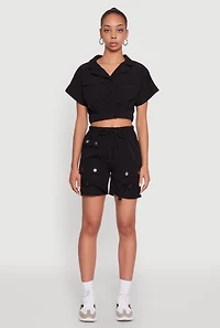 Womens Trendy Nylon Drawstring Waist Utility Shorts, Black, Size S